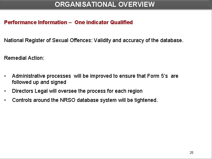 ORGANISATIONAL OVERVIEW Performance Information – One indicator Qualified National Register of Sexual Offences: Validity