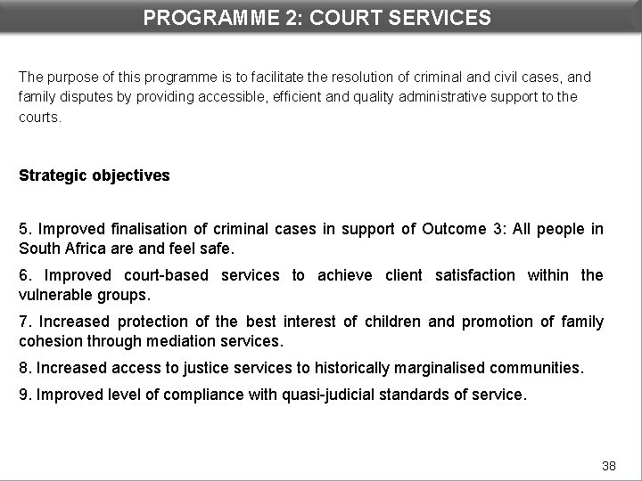 PROGRAMME 2: COURT SERVICES The purpose of this programme is to facilitate the resolution