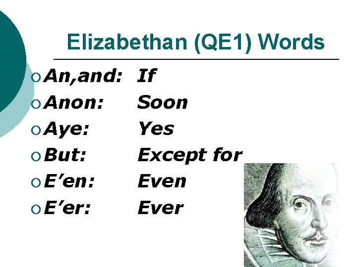 Elizabethan (QE 1) Words ¡ An, and: ¡ Anon: ¡ Aye: ¡ But: ¡ Elizabethan (QE 1) Words ¡ An, and: ¡ Anon: ¡ Aye: ¡ But: ¡