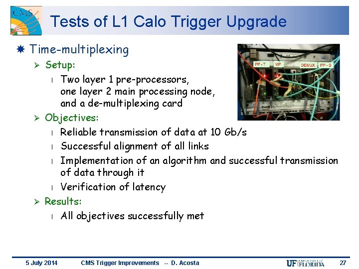 Tests of L 1 Calo Trigger Upgrade Time-multiplexing Setup: l Two layer 1 pre-processors,
