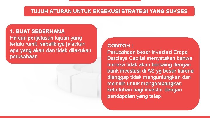 TUJUH ATURAN UNTUK EKSEKUSI STRATEGI YANG SUKSES 1. BUAT SEDERHANA Hindari penjelasan tujuan yang
