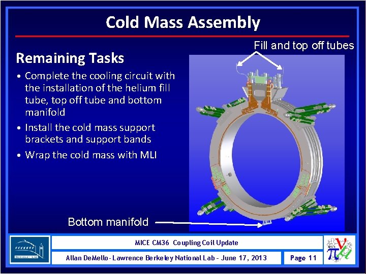 Cold Mass Assembly Fill and top off tubes Remaining Tasks • Complete the cooling