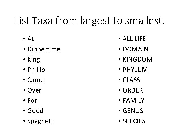 List Taxa from largest to smallest. • At • Dinnertime • King • Phillip