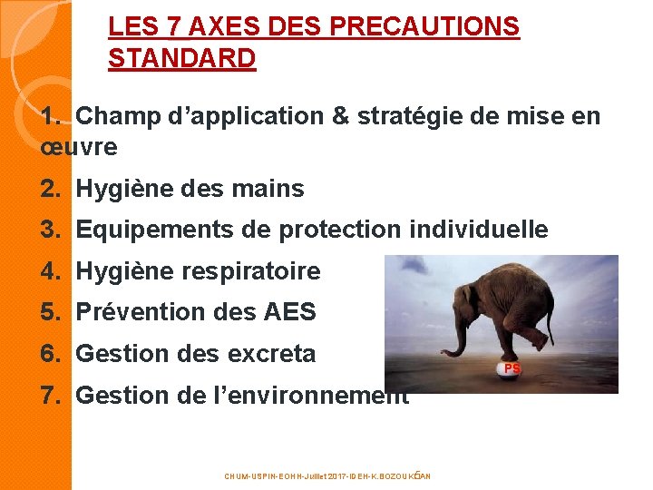 LES 7 AXES DES PRECAUTIONS STANDARD 1. Champ d’application & stratégie de mise en LES 7 AXES DES PRECAUTIONS STANDARD 1. Champ d’application & stratégie de mise en