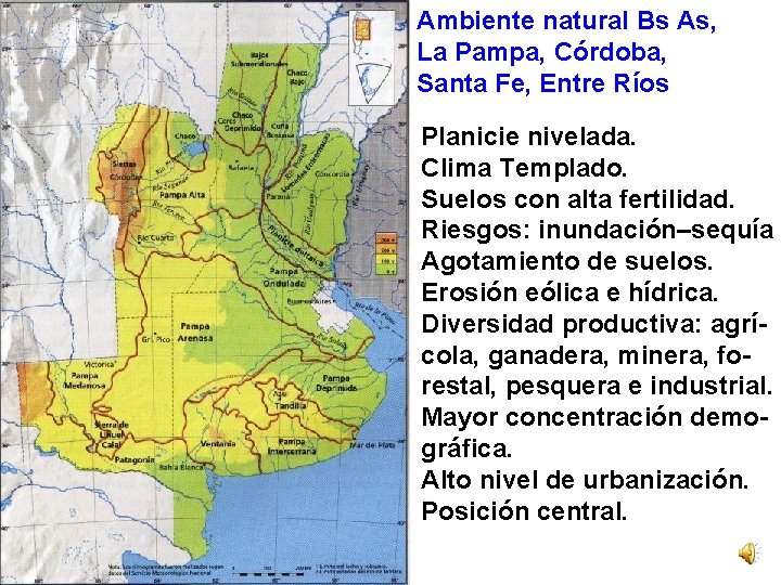 Ambiente natural Bs As, La Pampa, Córdoba, Santa Fe, Entre Ríos Planicie nivelada. Clima