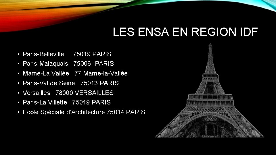 LES ENSA EN REGION IDF • Paris-Belleville 75019 PARIS • Paris-Malaquais 75006 -PARIS •