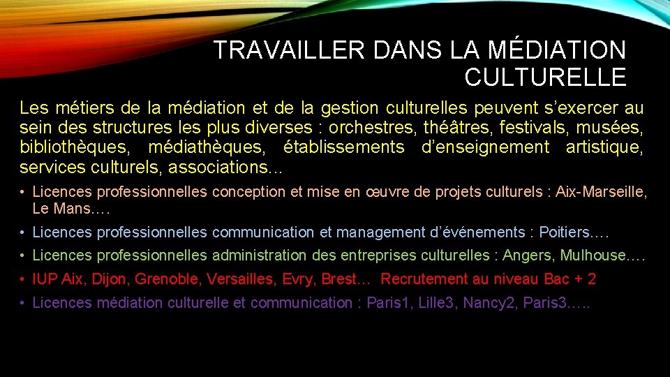 TRAVAILLER DANS LA MÉDIATION CULTURELLE Les métiers de la médiation et de la gestion