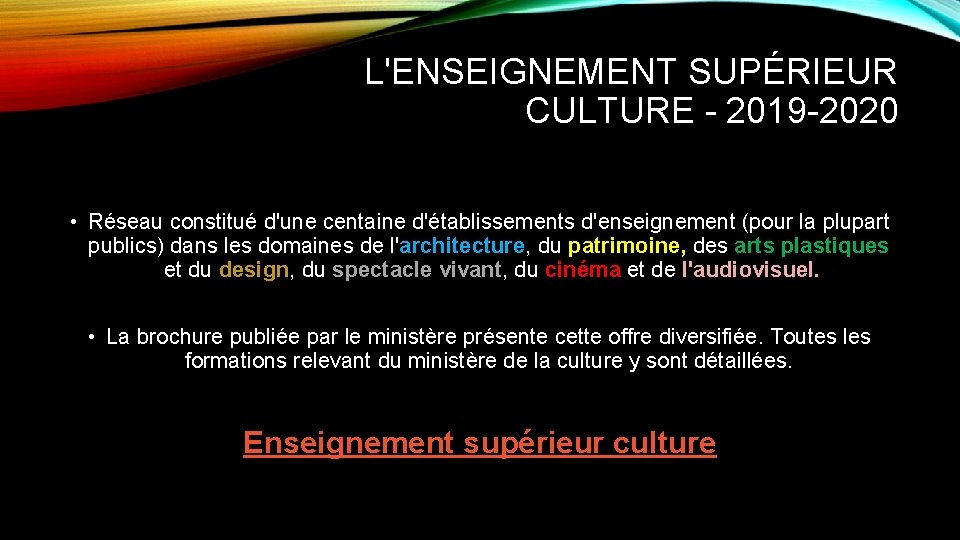 L'ENSEIGNEMENT SUPÉRIEUR CULTURE - 2019 -2020 • Réseau constitué d'une centaine d'établissements d'enseignement (pour