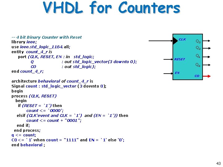 VHDL for Counters -- 4 bit Binary Counter with Reset library ieee; use ieee. VHDL for Counters -- 4 bit Binary Counter with Reset library ieee; use ieee.