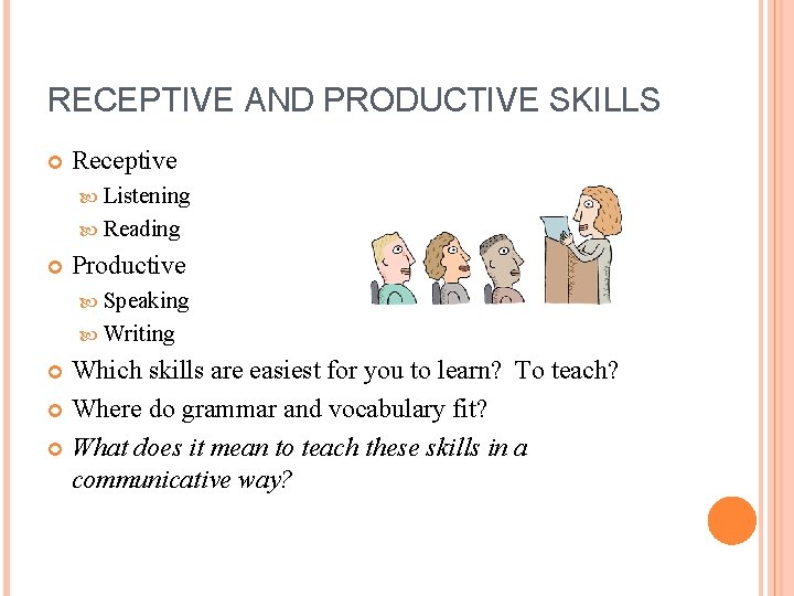 RECEPTIVE AND PRODUCTIVE SKILLS Receptive Listening Reading Productive Speaking Writing Which skills are easiest