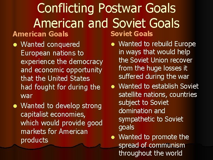 Conflicting Postwar Goals American and Soviet Goals American Goals l Wanted conquered European nations