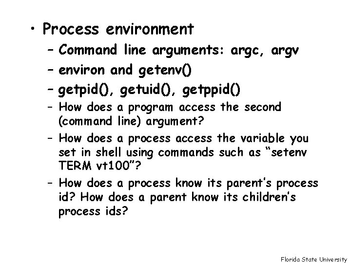  • Process environment – Command line arguments: argc, argv – environ and getenv()