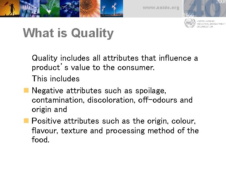 www. unido. org What is Quality includes all attributes that influence a product’s value