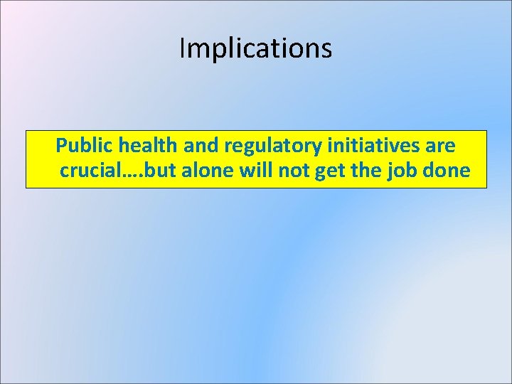 Implications Public health and regulatory initiatives are crucial…. but alone will not get the