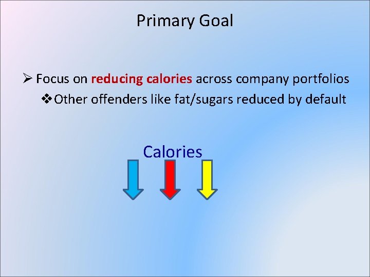 Primary Goal Ø Focus on reducing calories across company portfolios v. Other offenders like