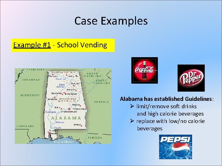 Case Examples Example #1 - School Vending Alabama has established Guidelines: Ø limit/remove soft