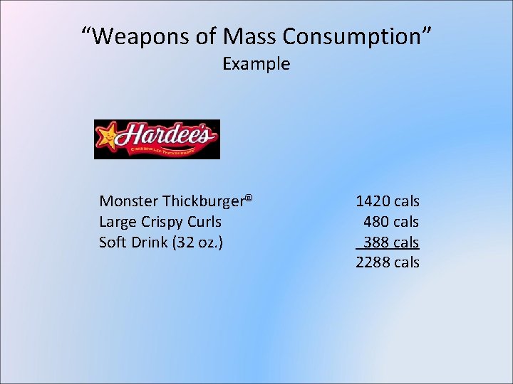 “Weapons of Mass Consumption” Example Monster Thickburger® Large Crispy Curls Soft Drink (32 oz.