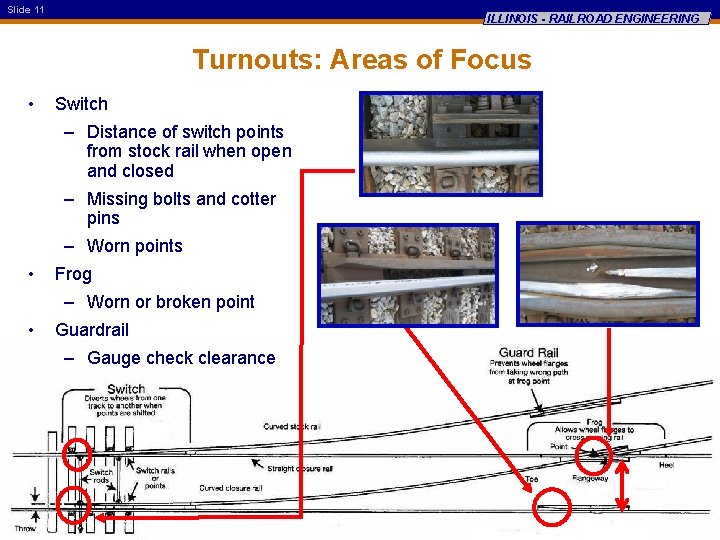 Slide 11 ILLINOIS - RAILROAD ENGINEERING Turnouts: Areas of Focus • Switch – Distance