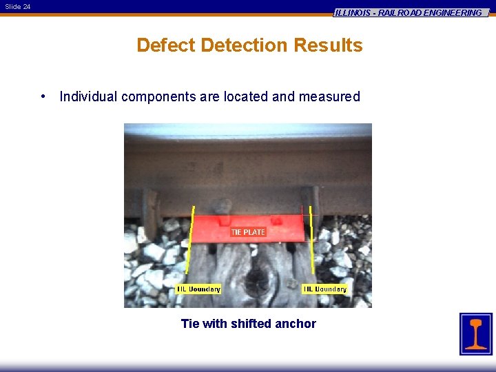 Slide 24 ILLINOIS - RAILROAD ENGINEERING Defect Detection Results • Individual components are located