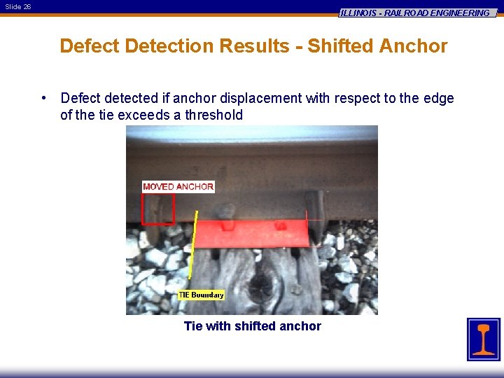Slide 26 ILLINOIS - RAILROAD ENGINEERING Defect Detection Results - Shifted Anchor • Defect