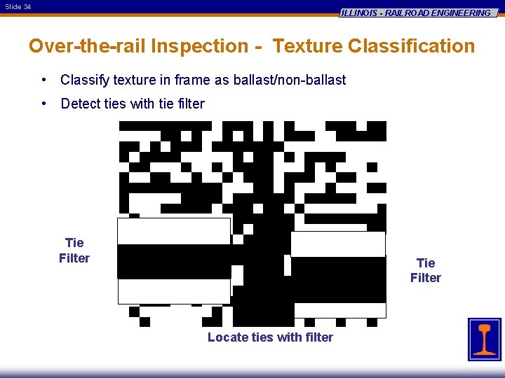 Slide 34 ILLINOIS - RAILROAD ENGINEERING Over-the-rail Inspection - Texture Classification • Classify texture