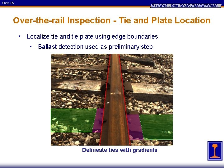 Slide 35 ILLINOIS - RAILROAD ENGINEERING Over-the-rail Inspection - Tie and Plate Location •