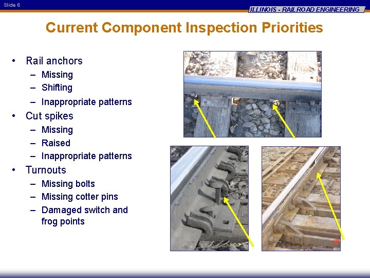 Slide 6 ILLINOIS - RAILROAD ENGINEERING Current Component Inspection Priorities • Rail anchors –