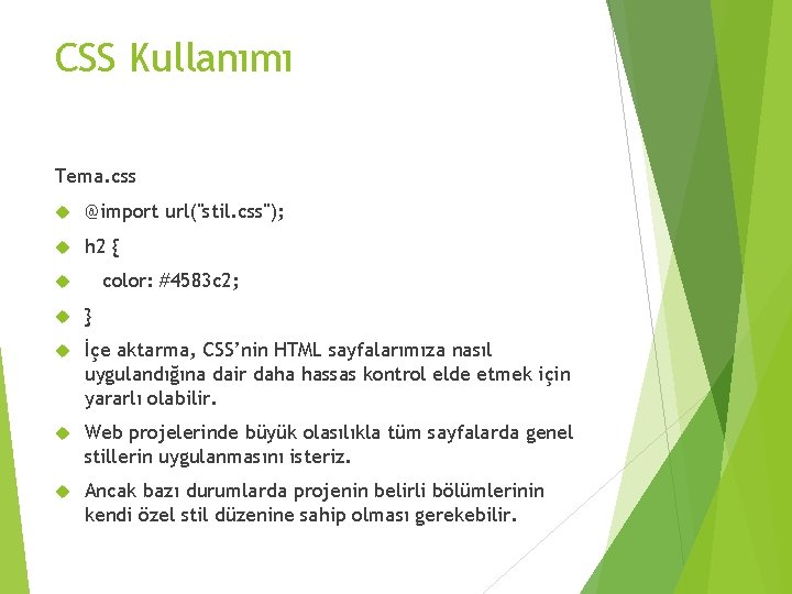 CSS Kullanımı Tema. css @import url("stil. css"); h 2 { color: #4583 c 2;