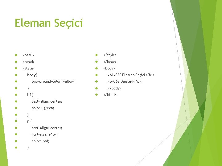 Eleman Seçici <html> </style> <head> </head> <style> <body> body{ background-color: yellow; <h 1>CSS Eleman