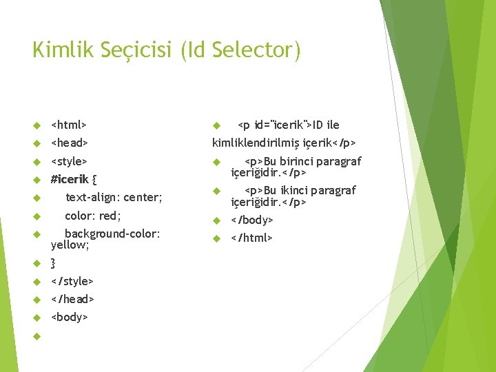 Kimlik Seçicisi (Id Selector) <html> <head> kimliklendirilmiş içerik</p> <style> #icerik { <p>Bu birinci paragraf