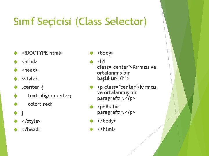 Sınıf Seçicisi (Class Selector) <!DOCTYPE html> <body> <html> <head> <style> <h 1 class="center">Kırmızı ve