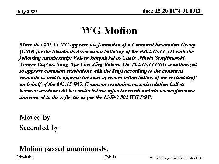 doc. : 15 -20 -0174 -01 -0013 July 2020 WG Motion Move that 802.