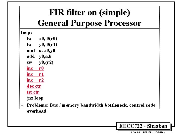 FIR filter on (simple) General Purpose Processor loop: lw x 0, 0(r 0) lw