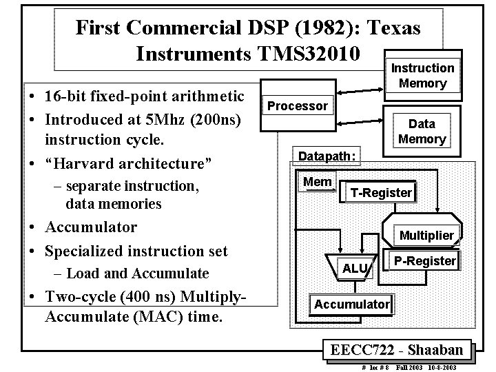 First Commercial DSP (1982): Texas Instruments TMS 32010 • 16 -bit fixed-point arithmetic •