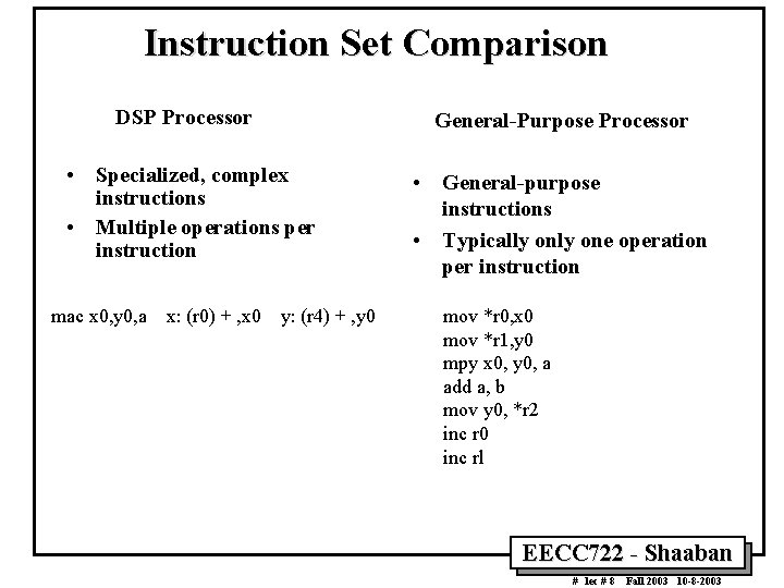 Instruction Set Comparison DSP Processor General-Purpose Processor • Specialized, complex instructions • Multiple operations