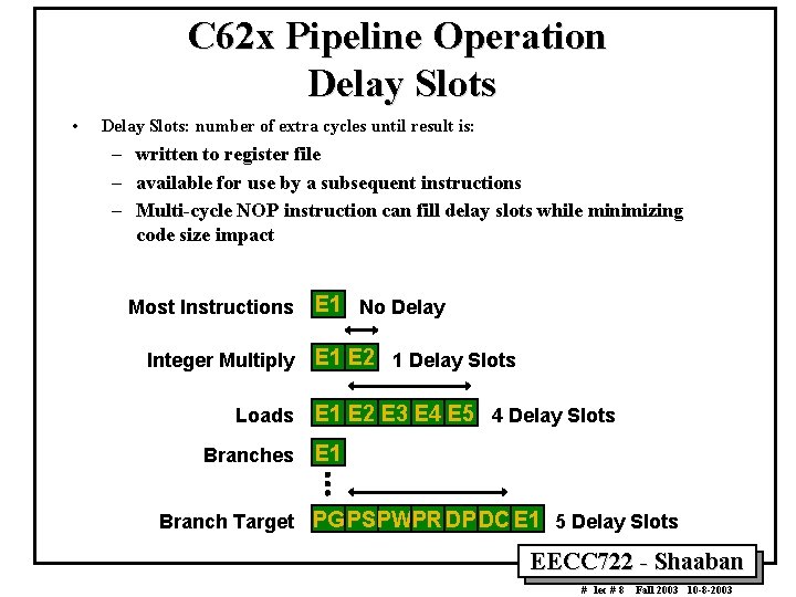 C 62 x Pipeline Operation Delay Slots • Delay Slots: number of extra cycles