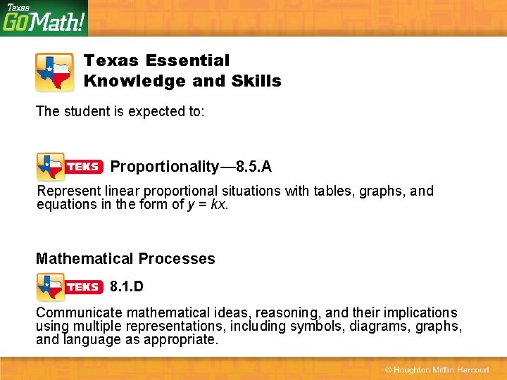 Texas Essential Knowledge and Skills The student is expected to: Proportionality— 8. 5. A