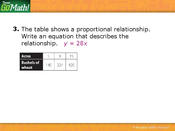 3. The table shows a proportional relationship. Write an equation that describes the relationship.