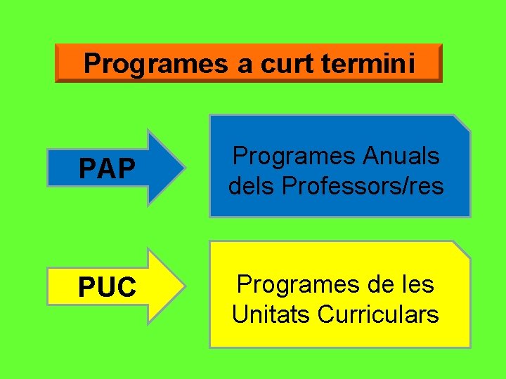 Programes a curt termini PAP Programes Anuals dels Professors/res PUC Programes de les Unitats