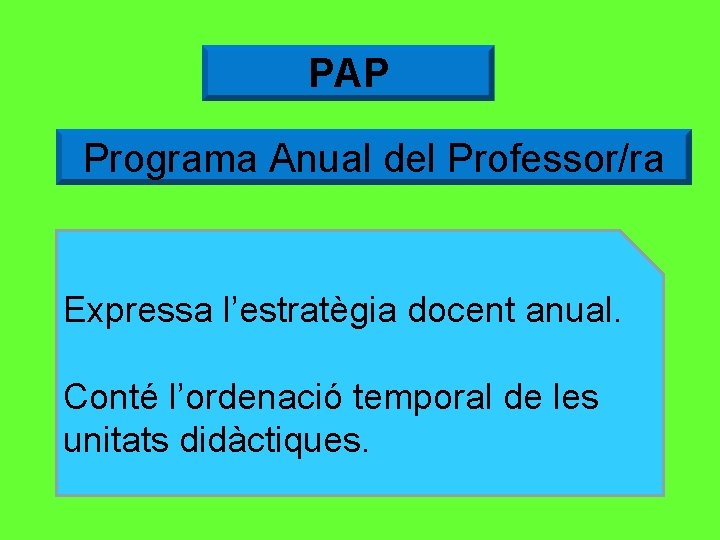 PAP Programa Anual del Professor/ra Expressa l’estratègia docent anual. Conté l’ordenació temporal de les