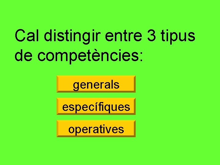 Cal distingir entre 3 tipus de competències: generals específiques operatives 