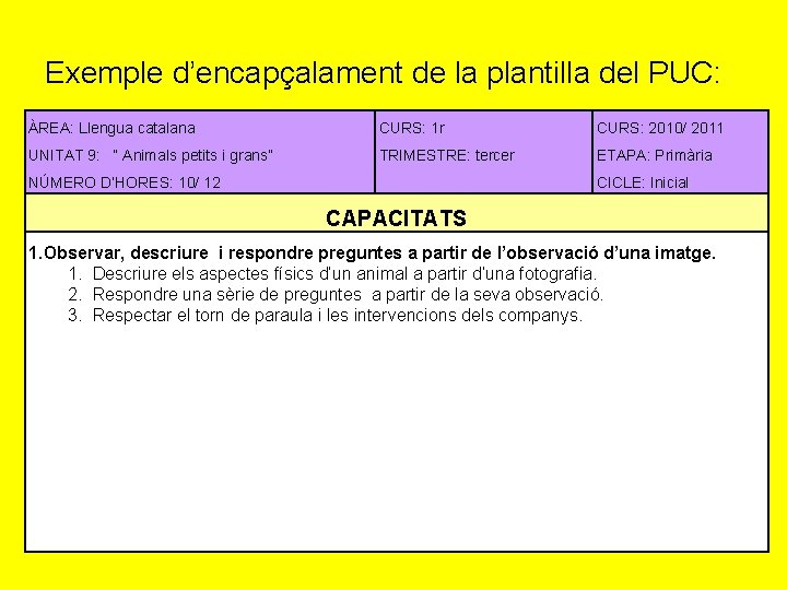 Exemple d’encapçalament de la plantilla del PUC: ÀREA: Llengua catalana CURS: 1 r CURS: