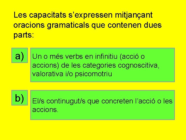 Les capacitats s’expressen mitjançant oracions gramaticals que contenen dues parts: a) b) Un o