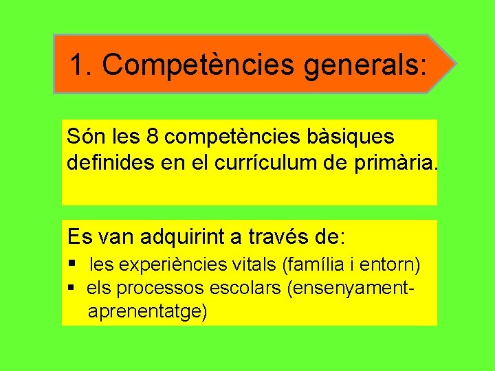 1. Competències generals: Són les 8 competències bàsiques definides en el currículum de primària.