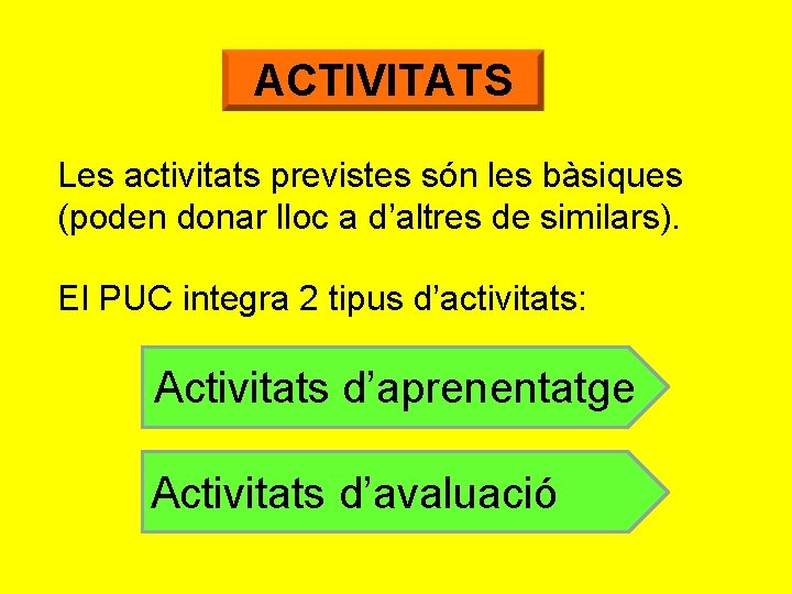 ACTIVITATS Les activitats previstes són les bàsiques (poden donar lloc a d’altres de similars).