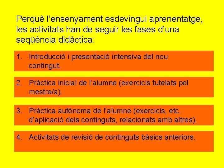 Perquè l’ensenyament esdevingui aprenentatge, les activitats han de seguir les fases d’una seqüència didàctica: