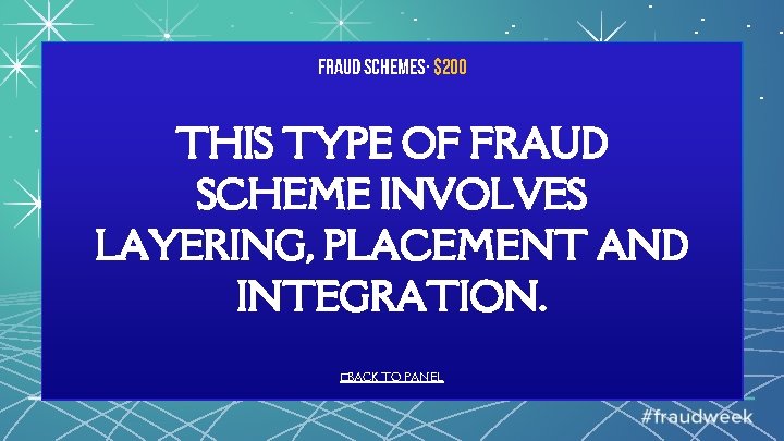 Fraud Schemes· $200 THIS TYPE OF FRAUD SCHEME INVOLVES LAYERING, PLACEMENT AND INTEGRATION. �BACK