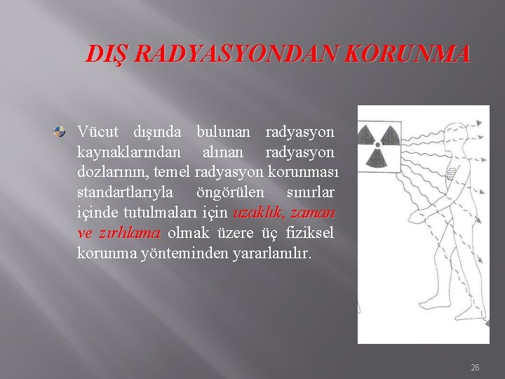 DIŞ RADYASYONDAN KORUNMA Vücut dışında bulunan radyasyon kaynaklarından alınan radyasyon dozlarının, temel radyasyon korunması DIŞ RADYASYONDAN KORUNMA Vücut dışında bulunan radyasyon kaynaklarından alınan radyasyon dozlarının, temel radyasyon korunması