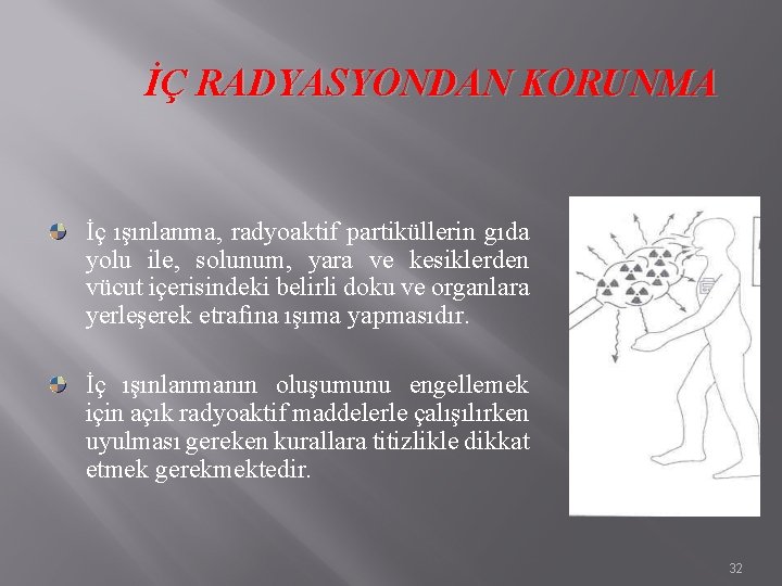 İÇ RADYASYONDAN KORUNMA İç ışınlanma, radyoaktif partiküllerin gıda yolu ile, solunum, yara ve kesiklerden İÇ RADYASYONDAN KORUNMA İç ışınlanma, radyoaktif partiküllerin gıda yolu ile, solunum, yara ve kesiklerden