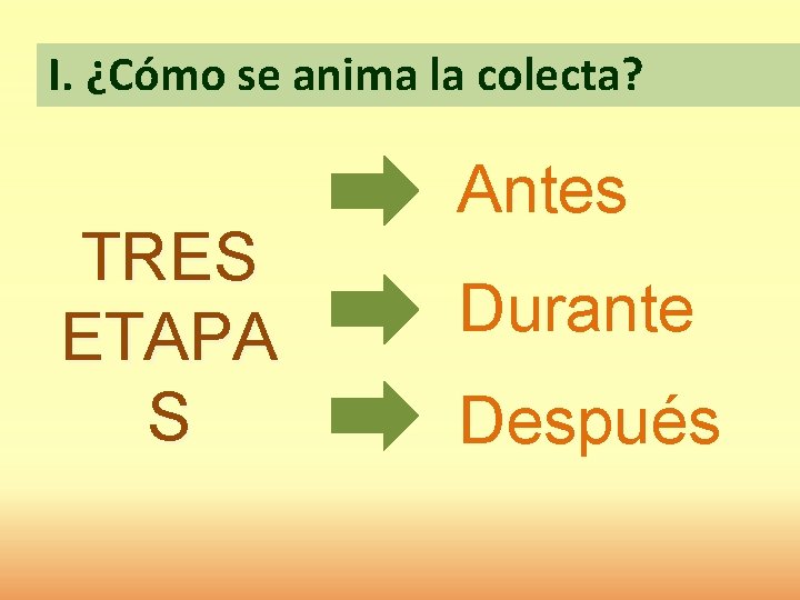 I. ¿Cómo se anima la colecta? TRES ETAPA S Antes Durante Después 